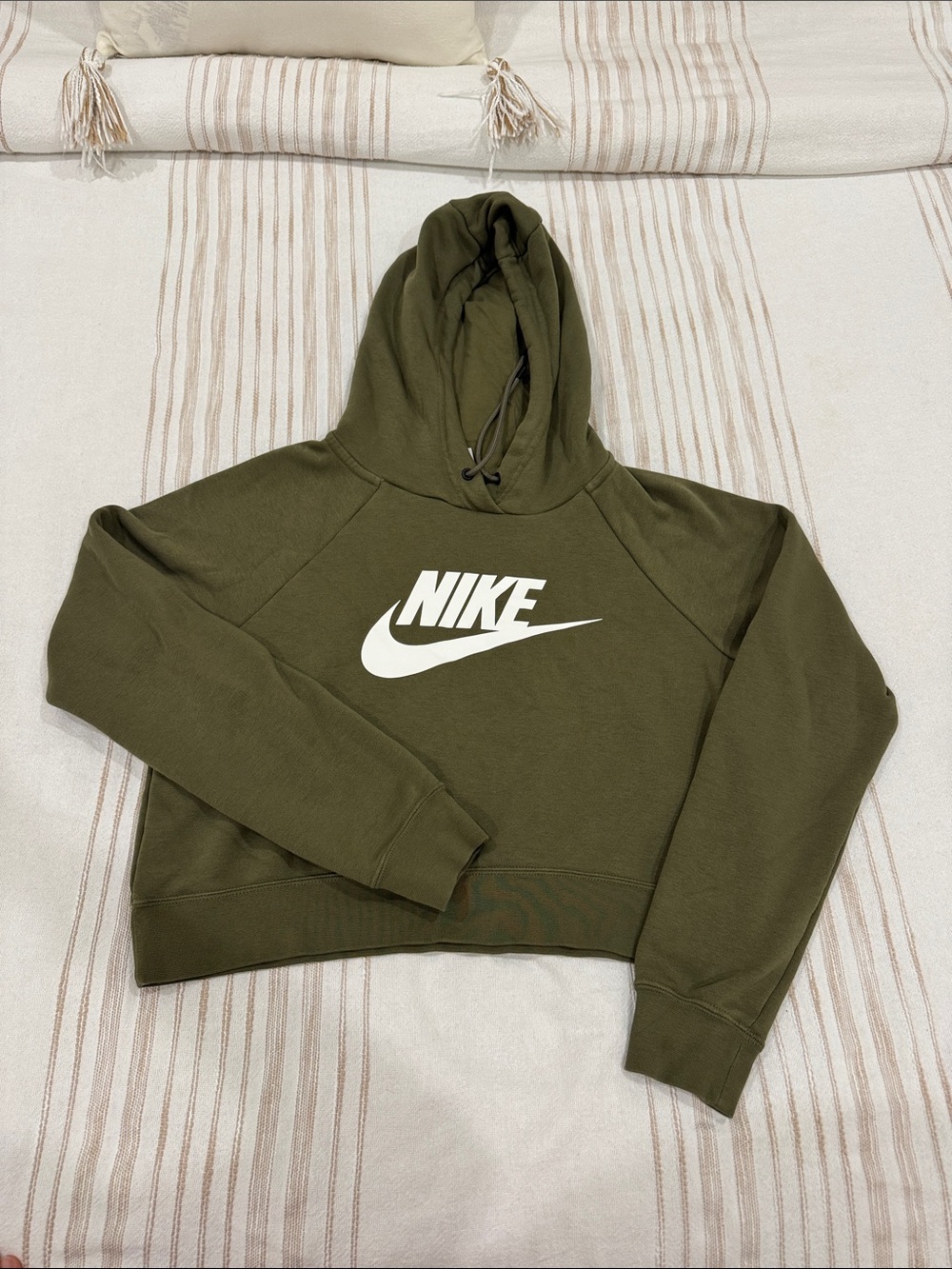 Nike Olive Green Cropped Pullover Hoodie with White Swoosh